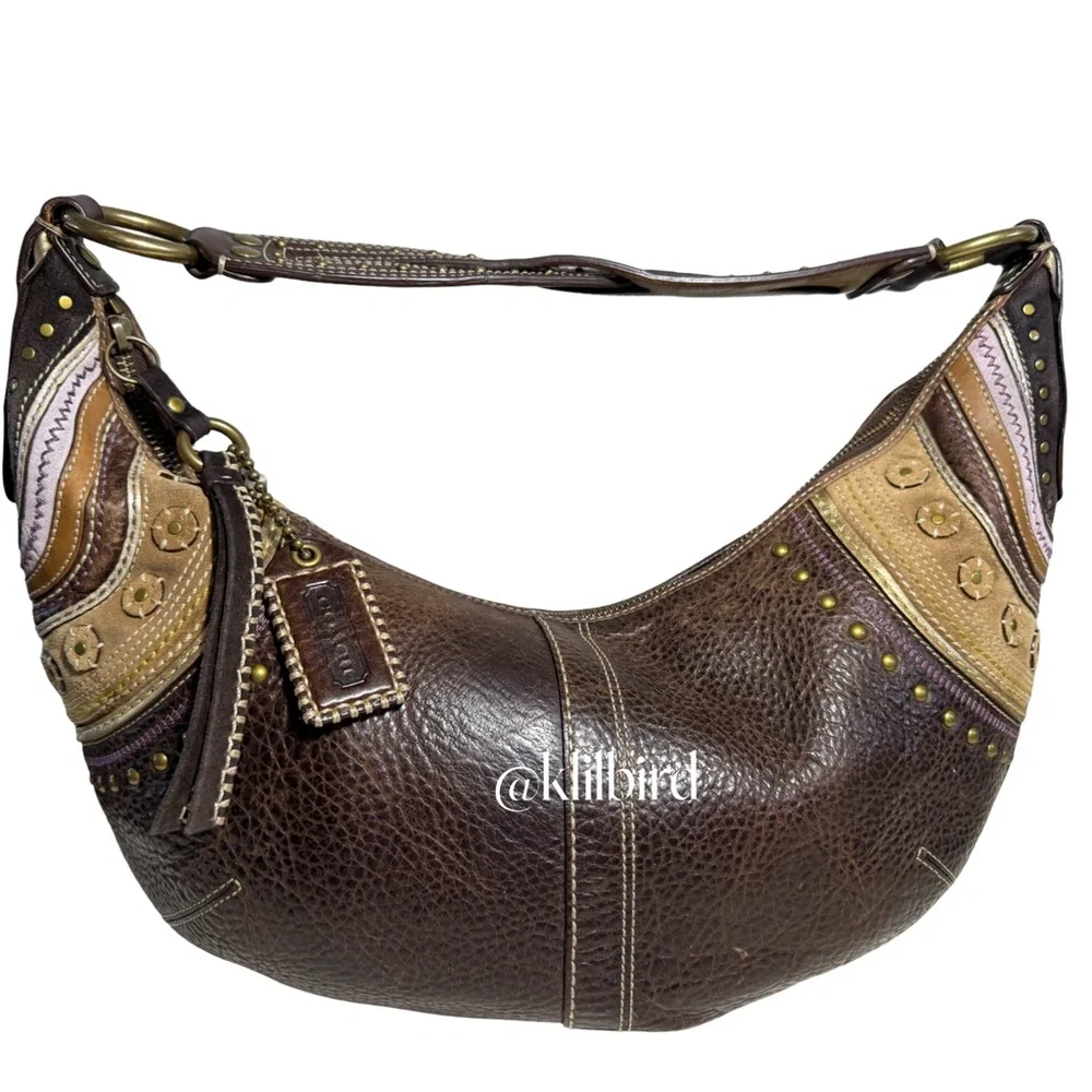 Coach Soho LRG Rivet Whipstitch Leather Hobo Bag Brown Boho Shoulder Purse 10478 - Picture 4 of 17